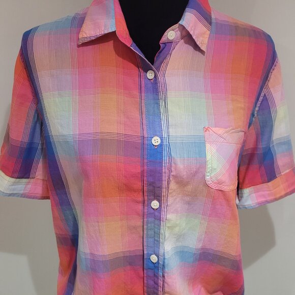 American Eagle Multicolor Plaid Short Sleeve Button Down Blouse Size Medium - Picture 5 of 15